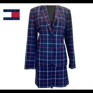 Tommy Hilfiger NWOT blue red plaid check skirt blazer suit set size 14